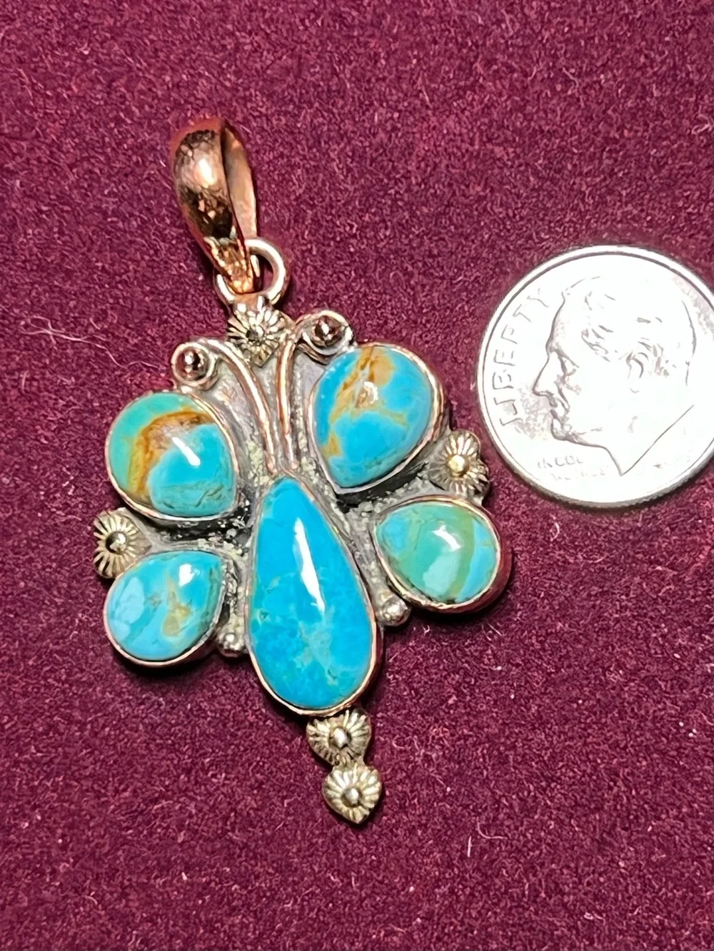 Exquisite Kingman Turquoise Butterfly Pendant set in Solid Copper with 5  Stones